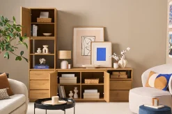 Meuble TV finition bois clair chêne et cannage rotin L196 cm SEVILLE
