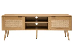 Meuble TV finition bois clair, cannage rotin et métal noir 2 portes L140 cm MANILLE