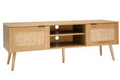Meuble TV finition bois clair, cannage rotin et métal noir 2 portes L140 cm MANILLE