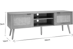 Meuble TV finition bois clair, cannage rotin et métal noir 2 portes L140 cm MANILLE