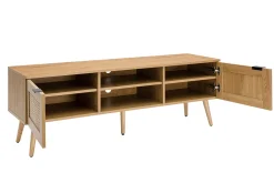 Meuble TV finition bois clair, cannage rotin et métal noir 2 portes L140 cm MANILLE