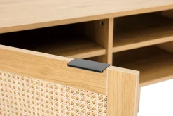 Meuble TV finition bois clair, cannage rotin et métal noir 2 portes L140 cm MANILLE