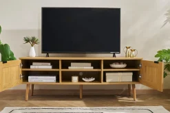 Meuble TV finition bois clair, cannage rotin et métal noir 2 portes L140 cm MANILLE