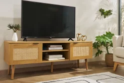 Meuble TV finition bois clair, cannage rotin et métal noir 2 portes L140 cm MANILLE