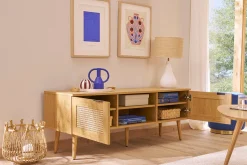Meuble TV finition bois clair, cannage rotin et métal noir 2 portes L140 cm MANILLE