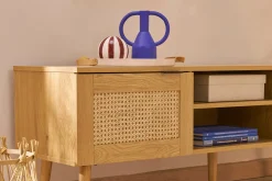 Meuble TV finition bois clair, cannage rotin et métal noir 2 portes L140 cm MANILLE