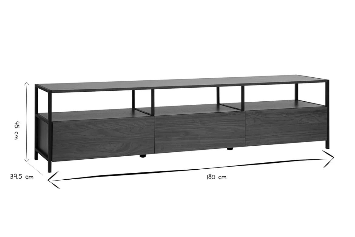 Meuble TV finition bois foncé noyer et métal noir L180 cm MAXENCE