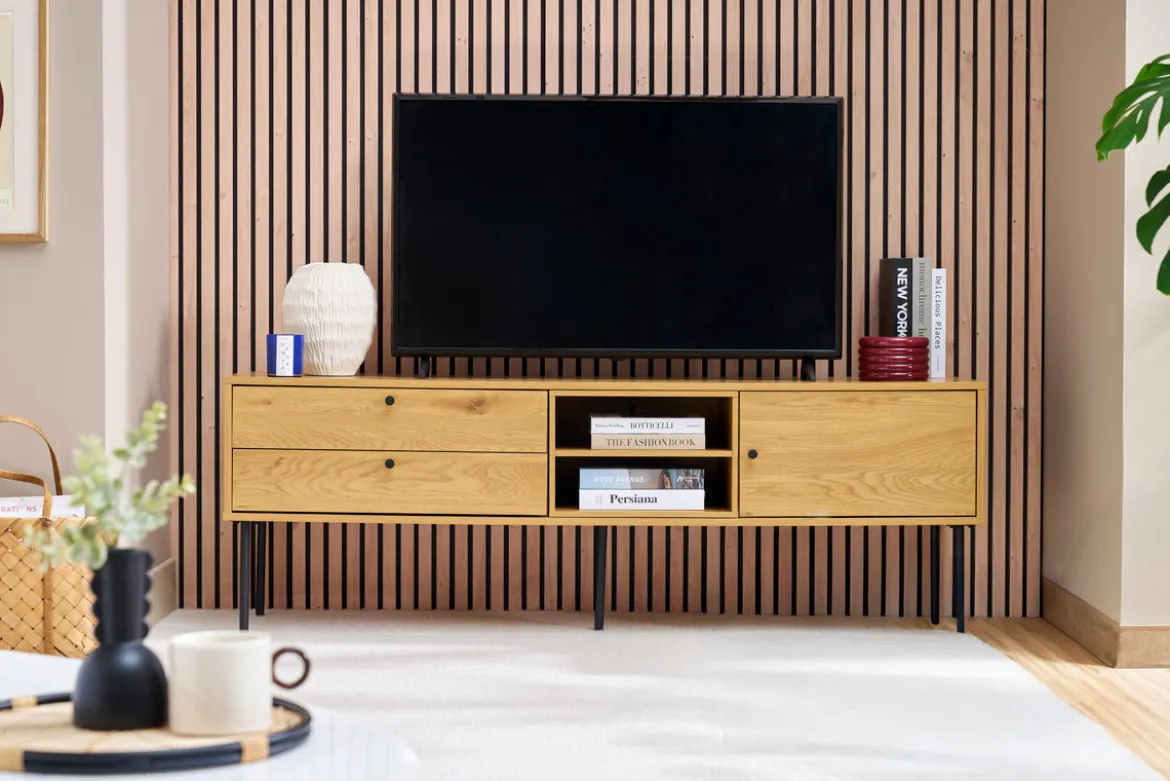 Meuble TV finition en bois clair chêne et métal noir L160 cm PERNELLE
