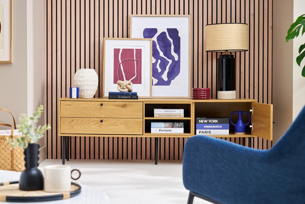 Meuble TV finition en bois clair chêne et métal noir L160 cm PERNELLE
