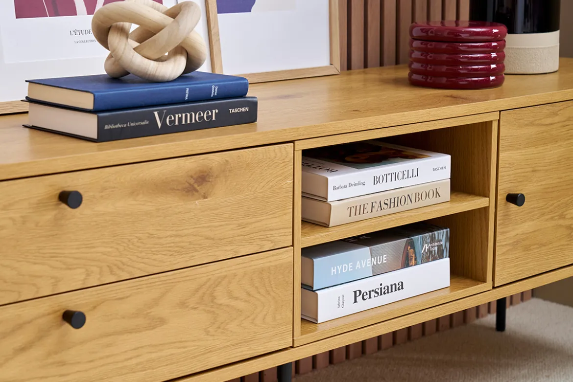 Meuble TV finition en bois clair chêne et métal noir L160 cm PERNELLE