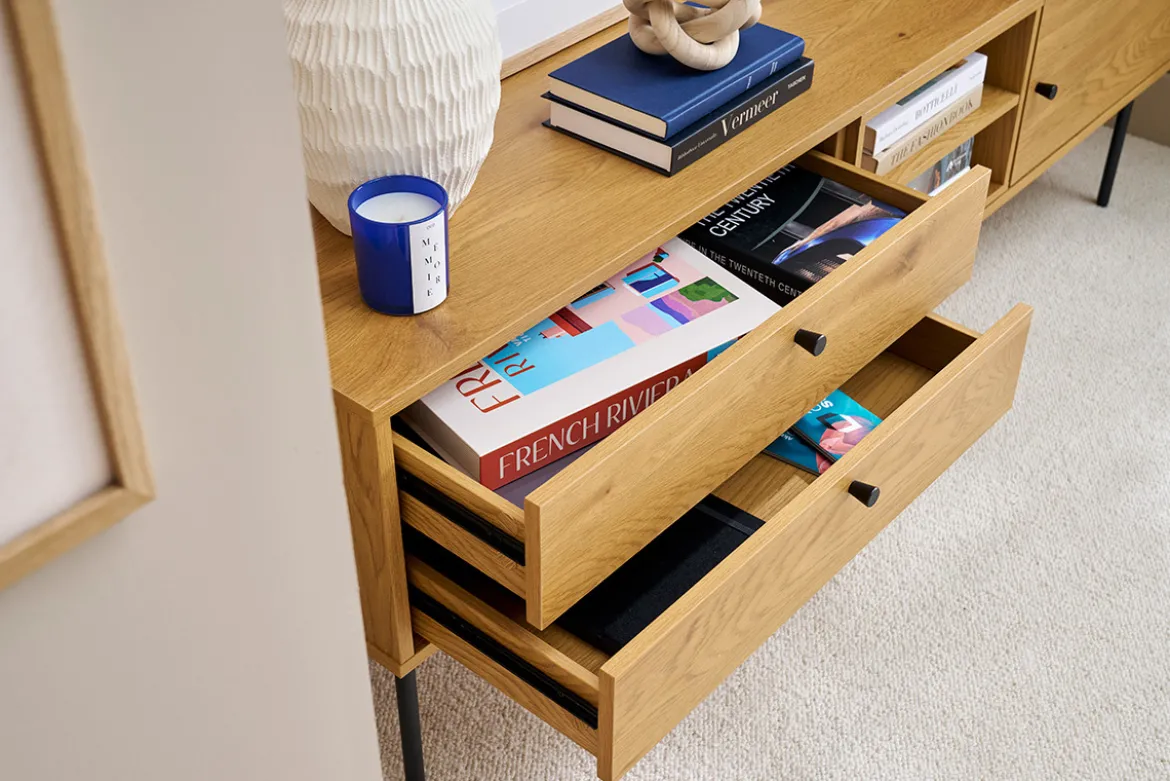 Meuble TV finition en bois clair chêne et métal noir L160 cm PERNELLE