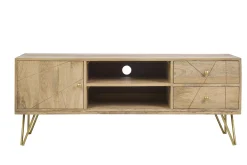 Meuble TV gravé en bois manguier massif et métal L130 LINIUM
