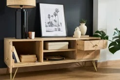 Meuble TV gravé en bois manguier massif et métal L130 LINIUM