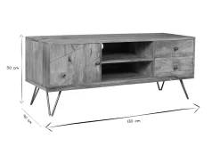Meuble TV gravé en bois manguier massif et métal L130 LINIUM