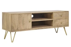 Meuble TV gravé en bois manguier massif et métal L130 LINIUM