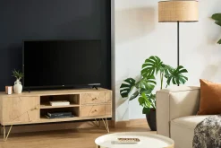 Meuble TV gravé en bois manguier massif et métal L130 LINIUM