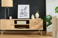 Meuble TV gravé en bois manguier massif et métal L130 LINIUM