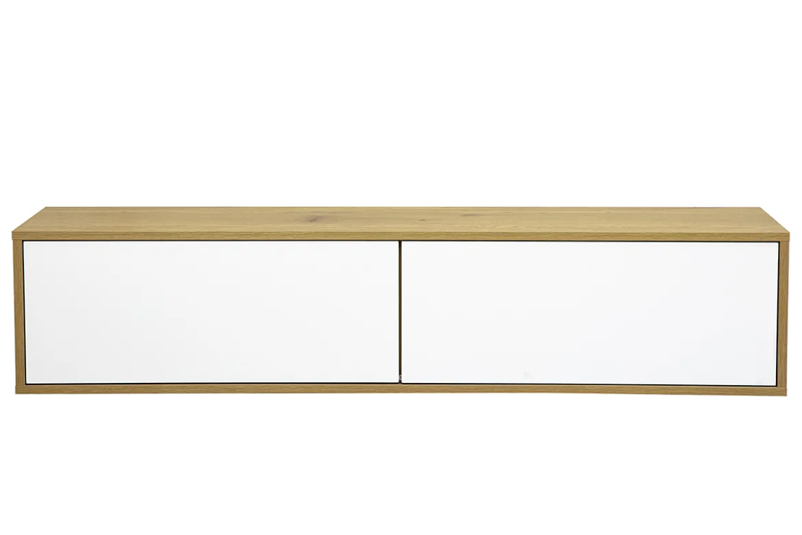 Meuble TV mural finition blanche et bois clair chêne L140 cm FLEXO