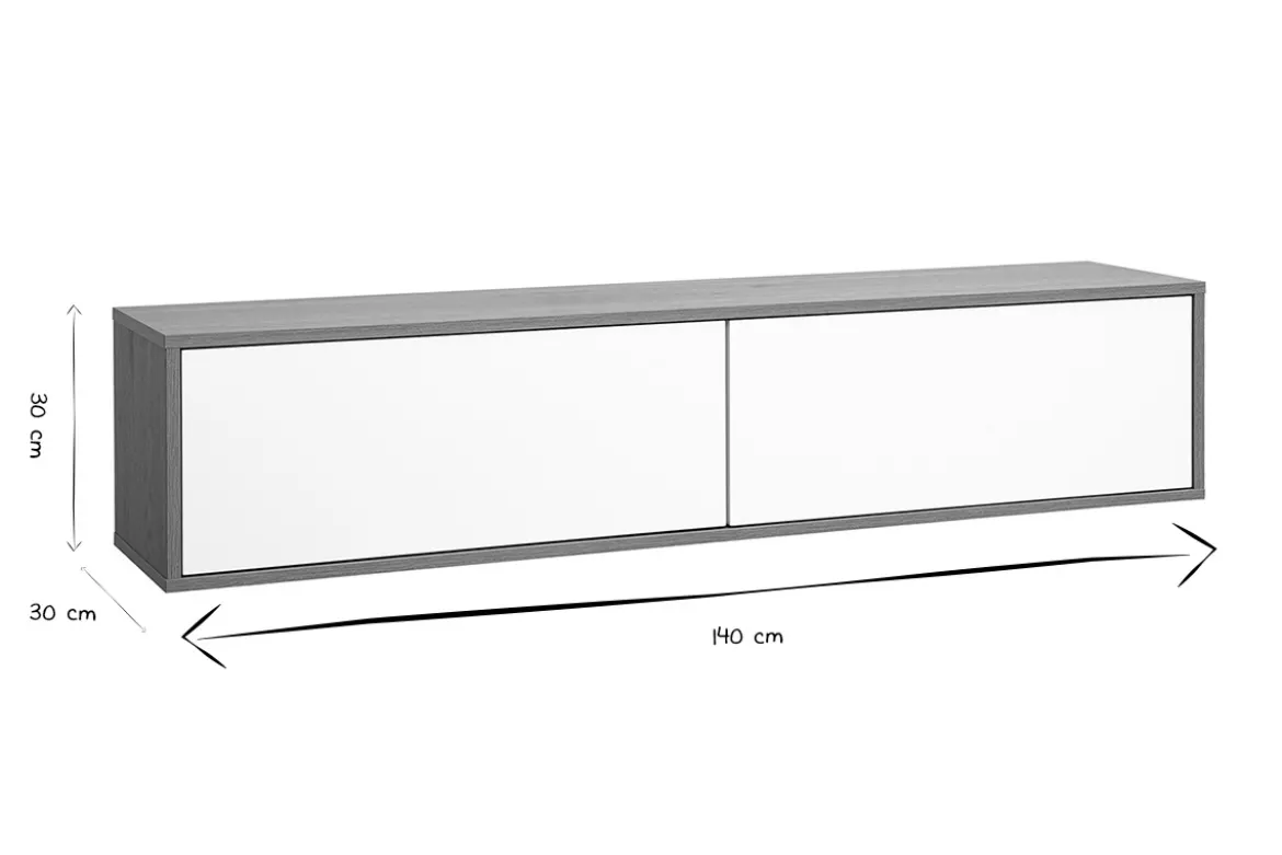 Meuble TV mural finition blanche et bois clair chêne L140 cm FLEXO
