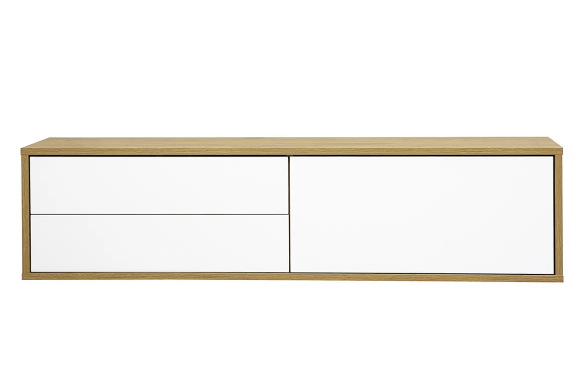 Meuble TV mural finition blanche et bois clair chêne L120 cm FLEXO
