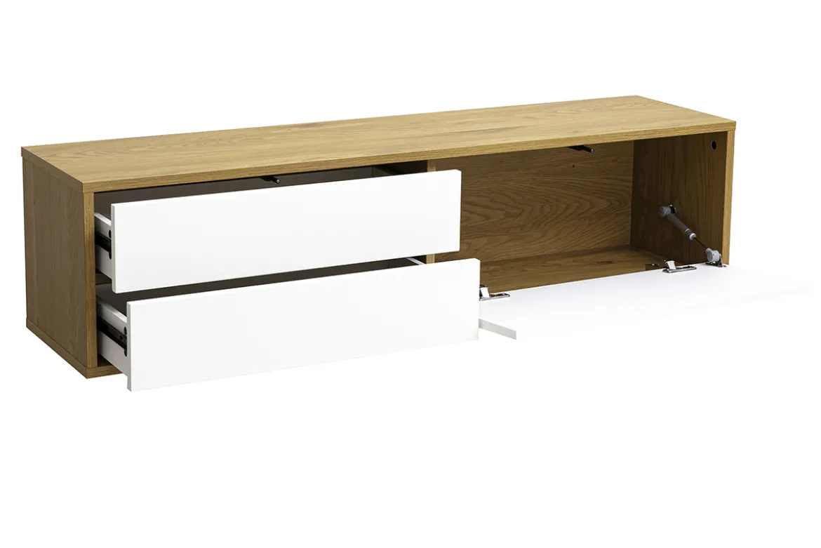 Meuble TV mural finition blanche et bois clair chêne L120 cm FLEXO