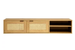 Meuble tv mural finition bois clair et cannage rotin 2 portes L150 cm MANILLE