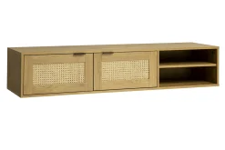 Meuble tv mural finition bois clair et cannage rotin 2 portes L150 cm MANILLE