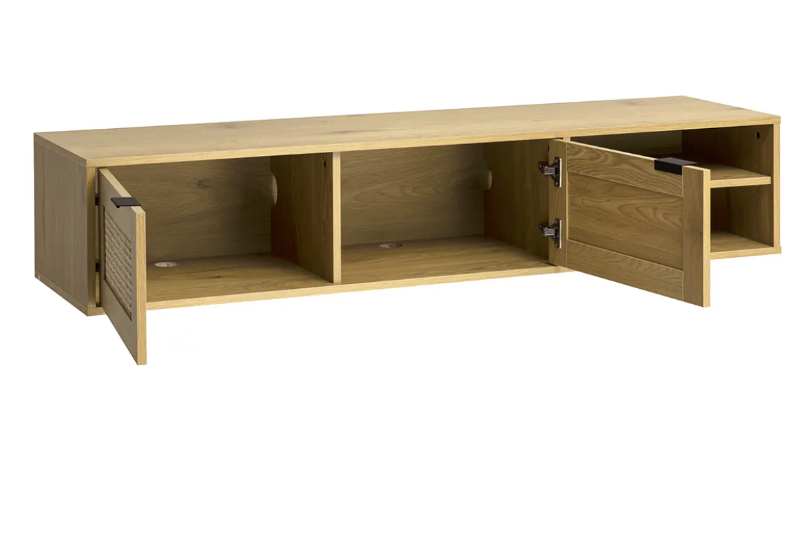 Meuble tv mural finition bois clair et cannage rotin 2 portes L150 cm MANILLE