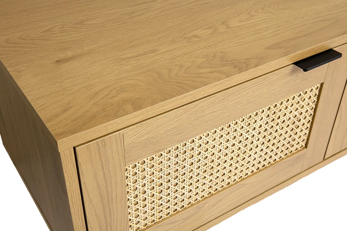 Meuble tv mural finition bois clair et cannage rotin 2 portes L150 cm MANILLE