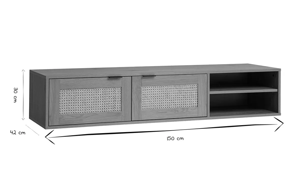 Meuble tv mural finition bois clair et cannage rotin 2 portes L150 cm MANILLE