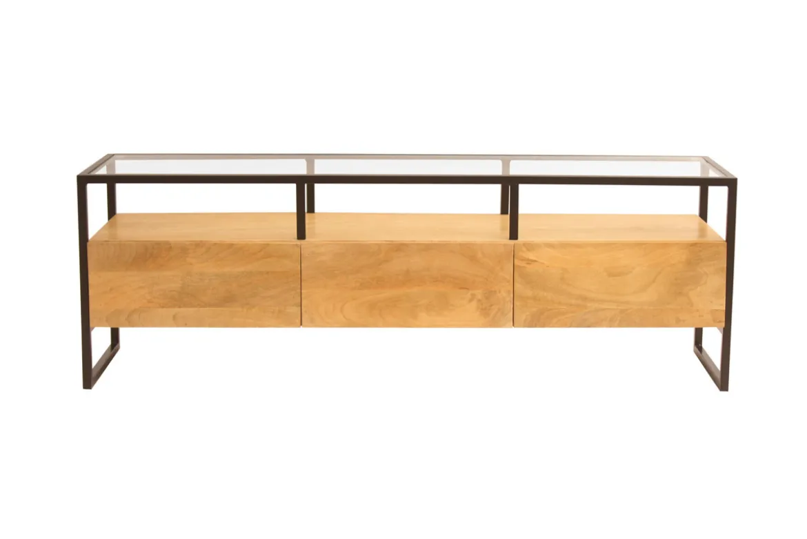 Meuble TV rectangulaire avec rangements en bois manguier massif, verre et métal noir L150 cm DIYA