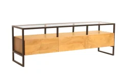 Meuble TV rectangulaire avec rangements en bois manguier massif, verre et métal noir L150 cm DIYA