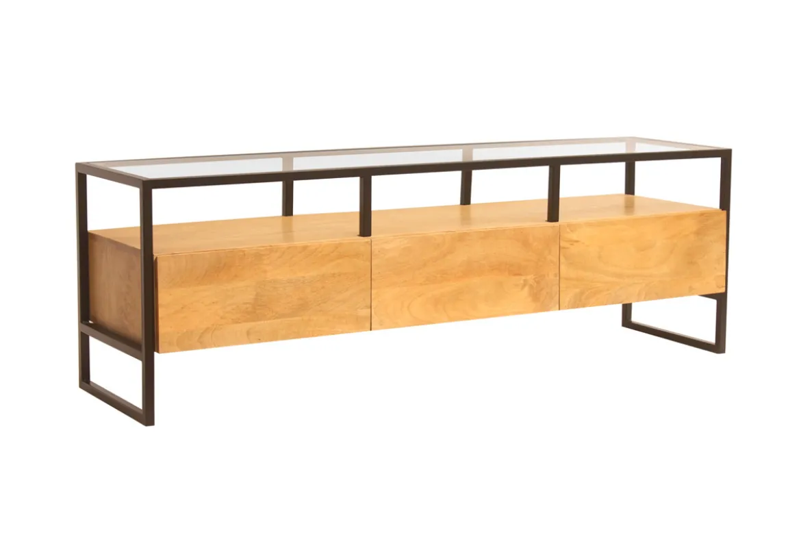 Meuble TV rectangulaire avec rangements en bois manguier massif, verre et métal noir L150 cm DIYA