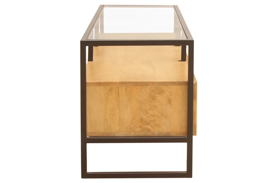 Meuble TV rectangulaire avec rangements en bois manguier massif, verre et métal noir L150 cm DIYA