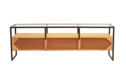 Meuble TV rectangulaire avec rangements en bois manguier massif, verre et métal noir L150 cm DIYA