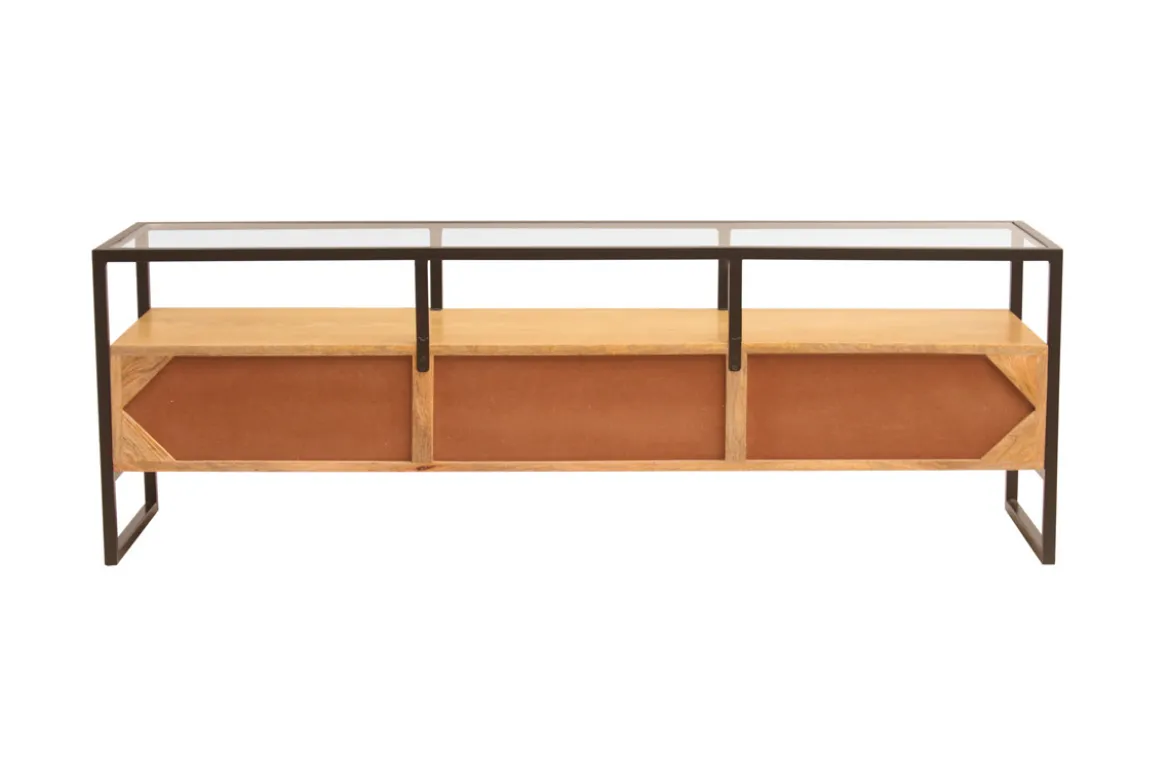 Meuble TV rectangulaire avec rangements en bois manguier massif, verre et métal noir L150 cm DIYA
