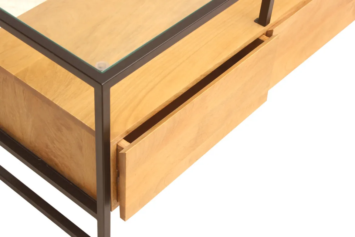 Meuble TV rectangulaire avec rangements en bois manguier massif, verre et métal noir L150 cm DIYA