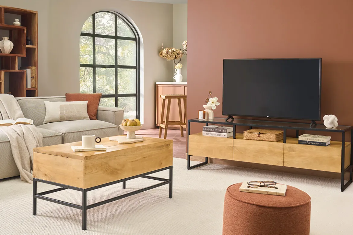 Meuble TV rectangulaire avec rangements en bois manguier massif, verre et métal noir L150 cm DIYA