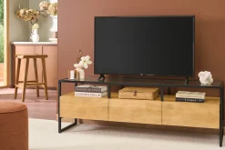 Meuble TV rectangulaire avec rangements en bois manguier massif, verre et métal noir L150 cm DIYA