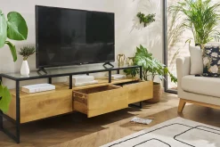 Meuble TV rectangulaire avec rangements en bois manguier massif, verre et métal noir L150 cm DIYA