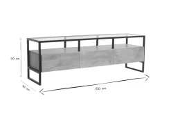 Meuble TV rectangulaire avec rangements en bois manguier massif, verre et métal noir L150 cm DIYA