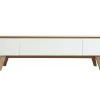 Meuble TV scandinave blanc laqué brillant et bois L180 cm MELKA