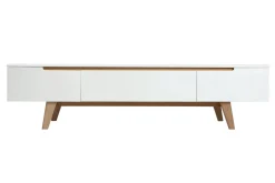 Meuble TV scandinave blanc laqué brillant et bois L180 cm MELKA