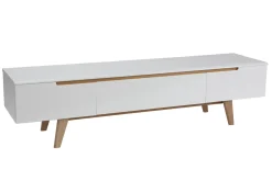 Meuble TV scandinave blanc laqué brillant et bois L180 cm MELKA
