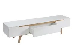 Meuble TV scandinave blanc laqué brillant et bois L180 cm MELKA
