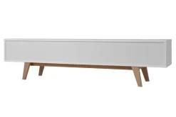 Meuble TV scandinave blanc laqué brillant et bois L180 cm MELKA