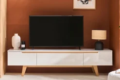 Meuble TV scandinave blanc laqué brillant et bois L180 cm MELKA