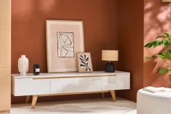 Meuble TV scandinave blanc laqué brillant et bois L180 cm MELKA