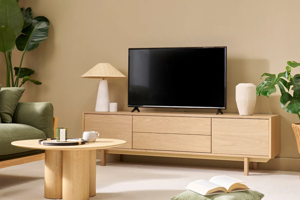 Meuble TV scandinave bois clair chêne 2 portes 2 tiroirs L180cm SID