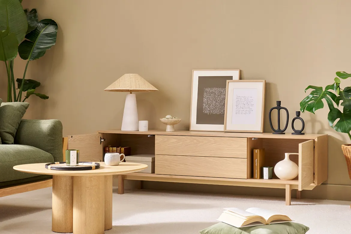 Meuble TV scandinave bois clair chêne 2 portes 2 tiroirs L180cm SID